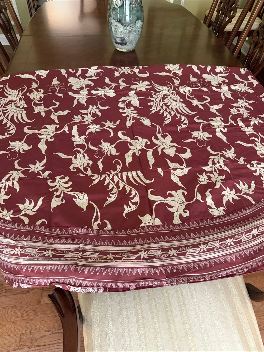 NEW Handprint Tablecloth 84” Round Phoenix Burgundy Red Cream Floral 100% Cotton